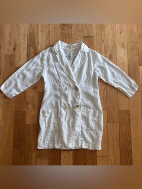 Puro Lino Linen Dress Collared 3/4 Sleeve Mother of Pearl Button Front Pockets L